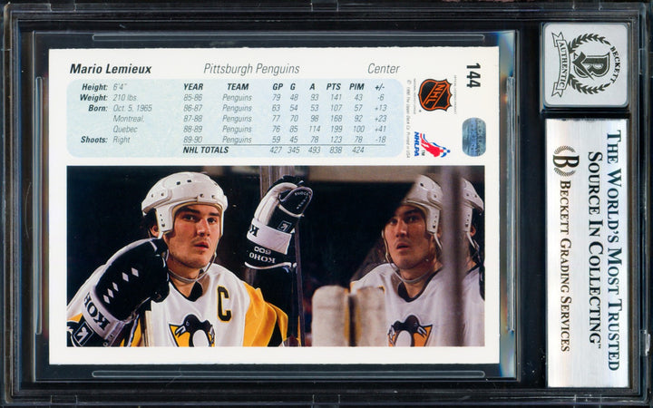 Mario Lemieux Auto 1990-91 Upper Deck Card 144 Penguins Sig 10 Beckett 18278745