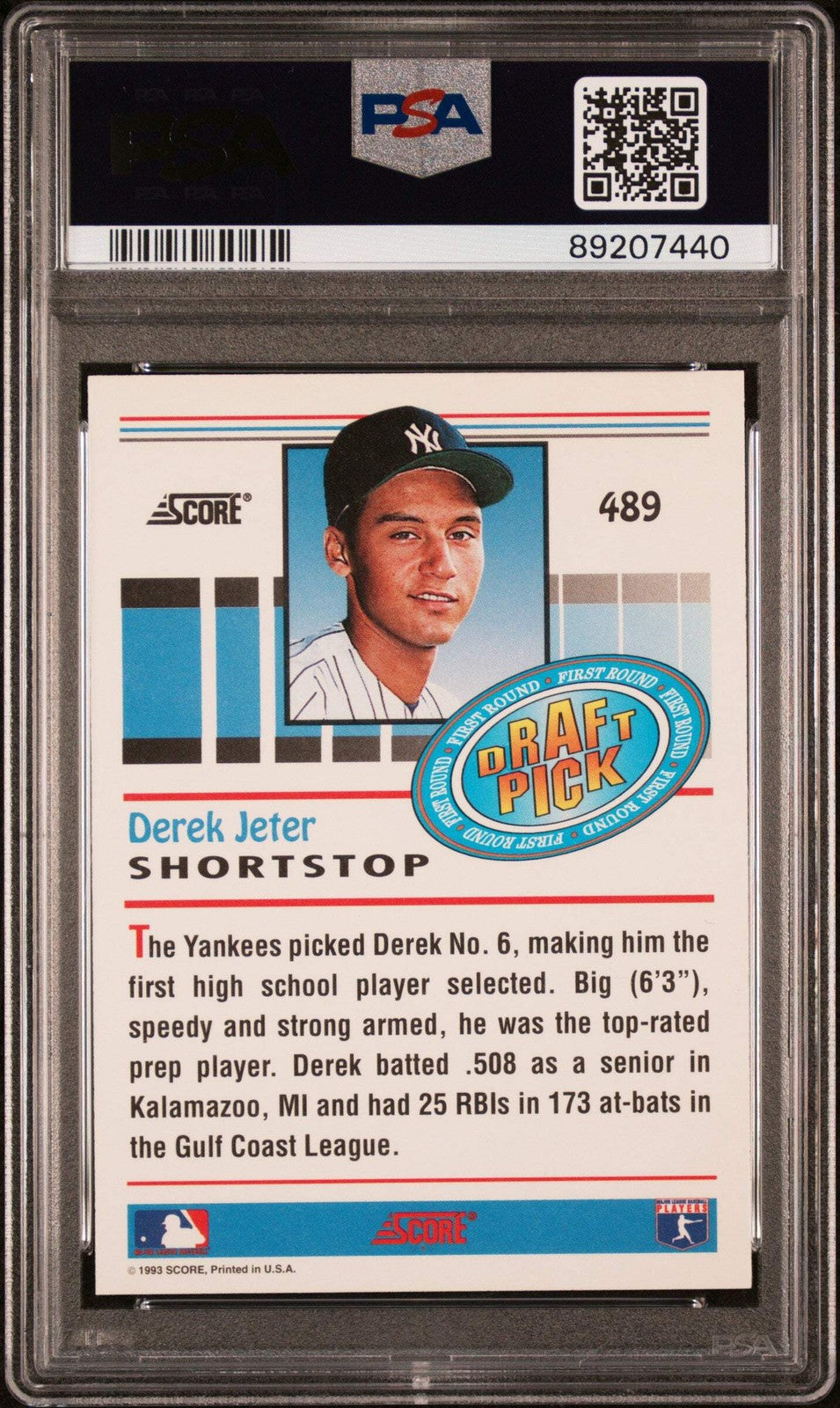 Graded 1993 Score Derek Jeter #489 Rookie RC Baseball Card PSA 9 Mint