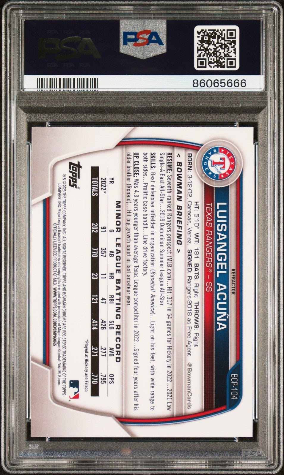 Graded 2023 Bowman Luisangel Acuna #BCP104 Lunar Glow REF Card PSA 10