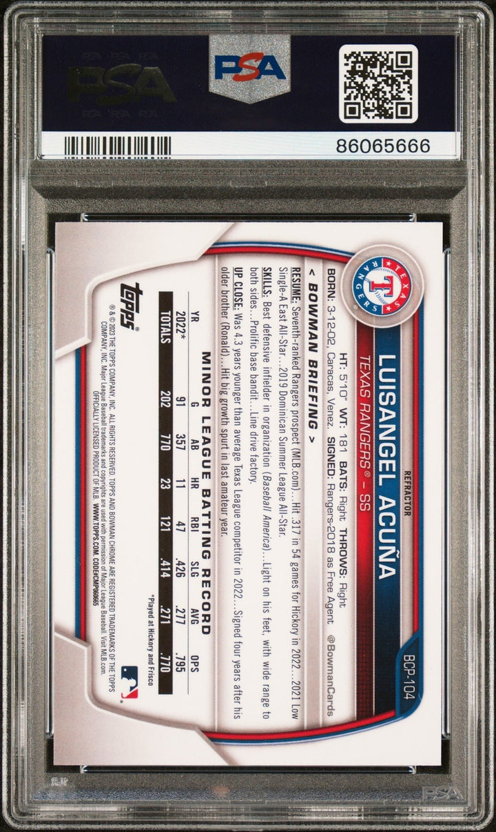 Graded 2023 Bowman Luisangel Acuna #BCP104 Lunar Glow REF Card PSA 10