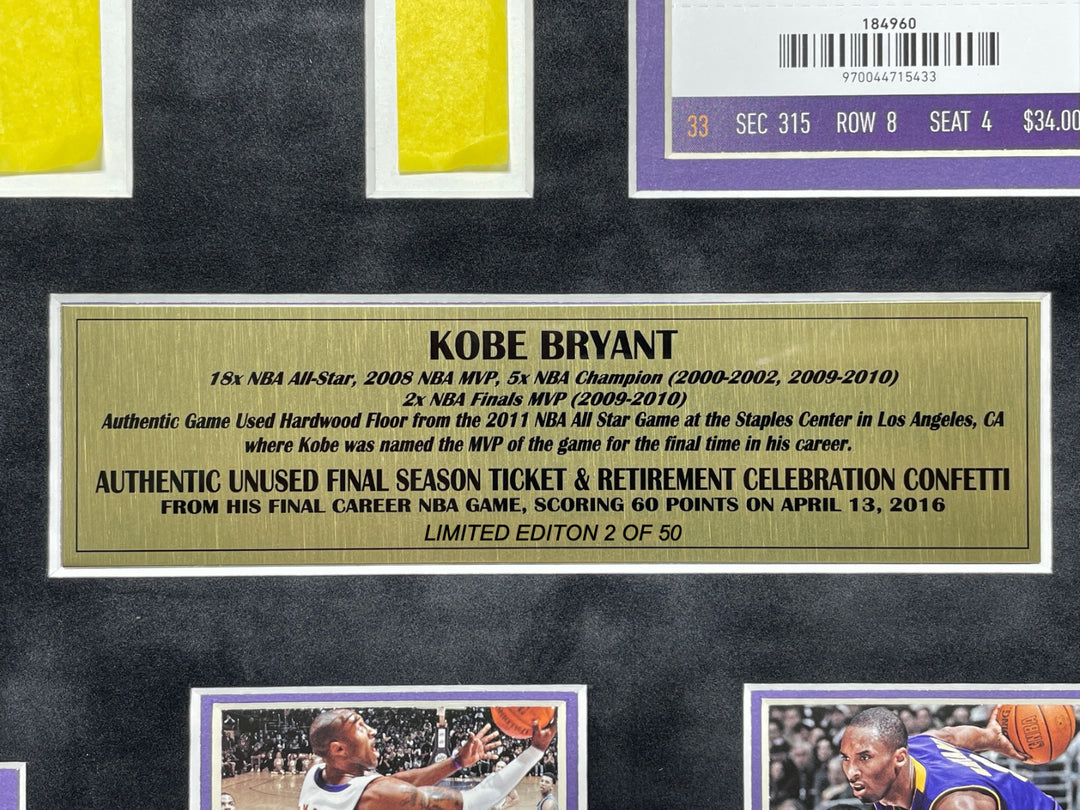 Kobe Bryant Lakers Game Used Ticket, Floor & Last Game Confetti Framed #D/50 COA