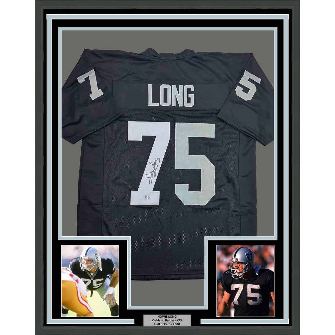 Framed Autographed/Signed Howie Long 35x39 Oakland White Jersey Beckett BAS COA
