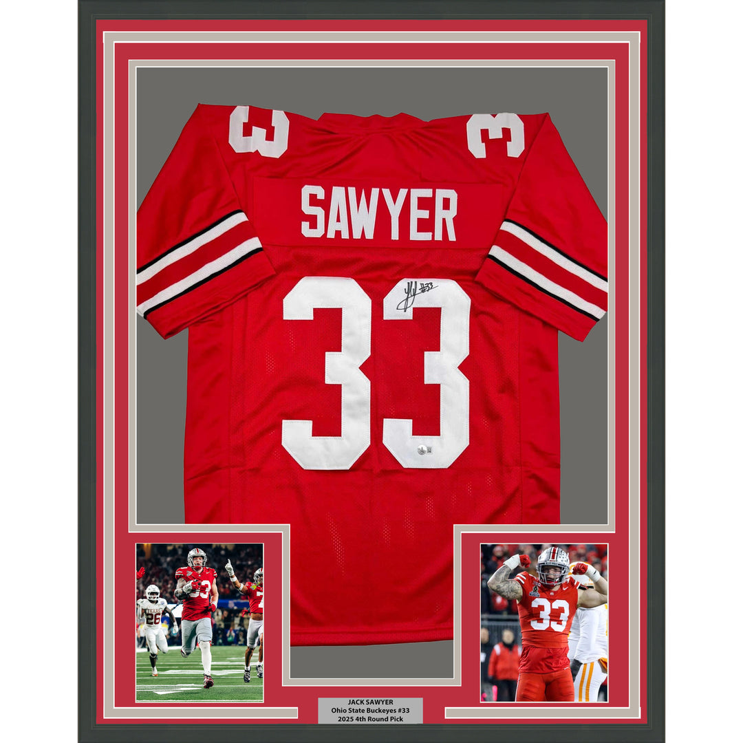Framed Autographed/Signed Jack Sawyer 35x39 Ohio State Red Jersey Beckett COA