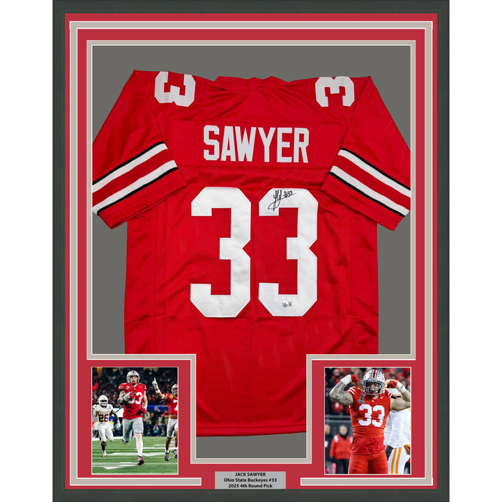 Framed Autographed/Signed Jack Sawyer 35x39 Ohio State Red Jersey Beckett COA