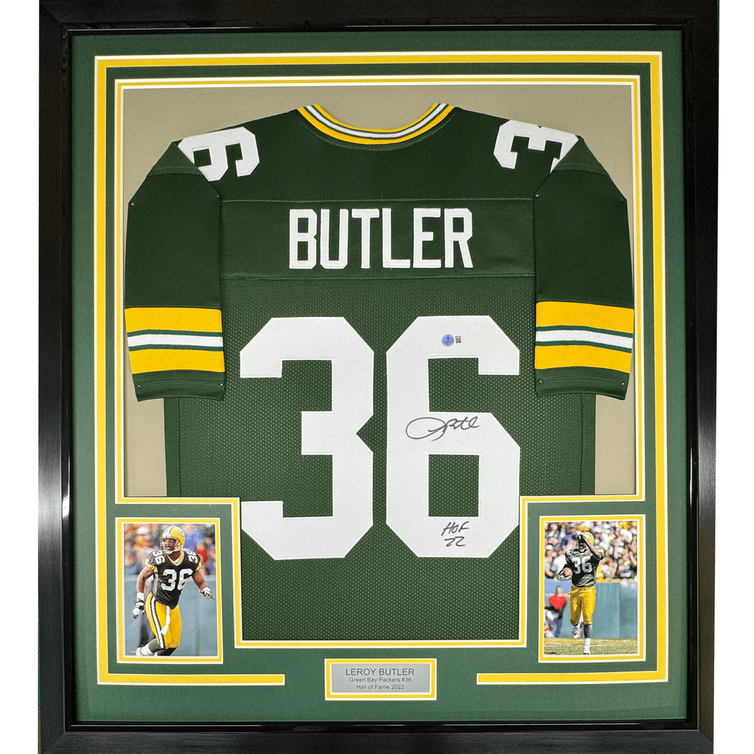 Framed Autographed/Signed Leroy Butler 35x39 Green Bay Green Jersey BAS COA