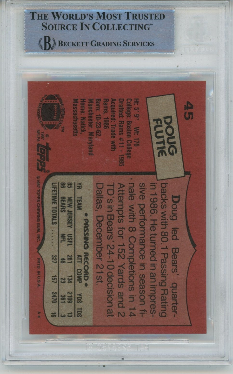 Doug Flutie Autographed/Signed 1987 Topps #45 Card Beckett  40473
