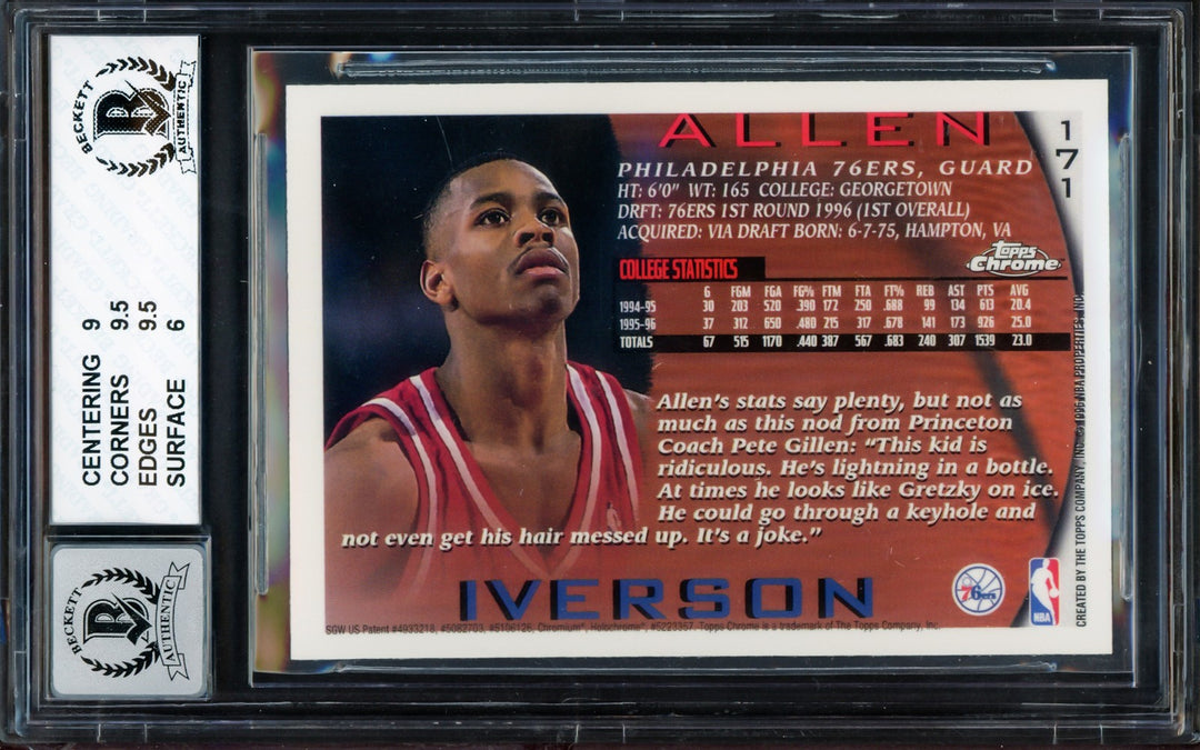Allen Iverson Signed 1996-97 Topps Chrome RC 171 76ers BGS 7 Auto 10 Beckett