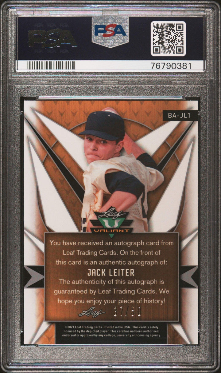 Graded 2021 Leaf Valiant Jack Leiter #BAJL1 Auto Purp #/50 Baseball Card PSA 10