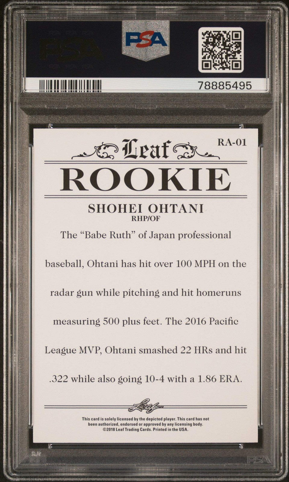 Graded 2018 Leaf Rookie Shohei Ohtani #RA01 Achievement RC Baseball Card PSA 10