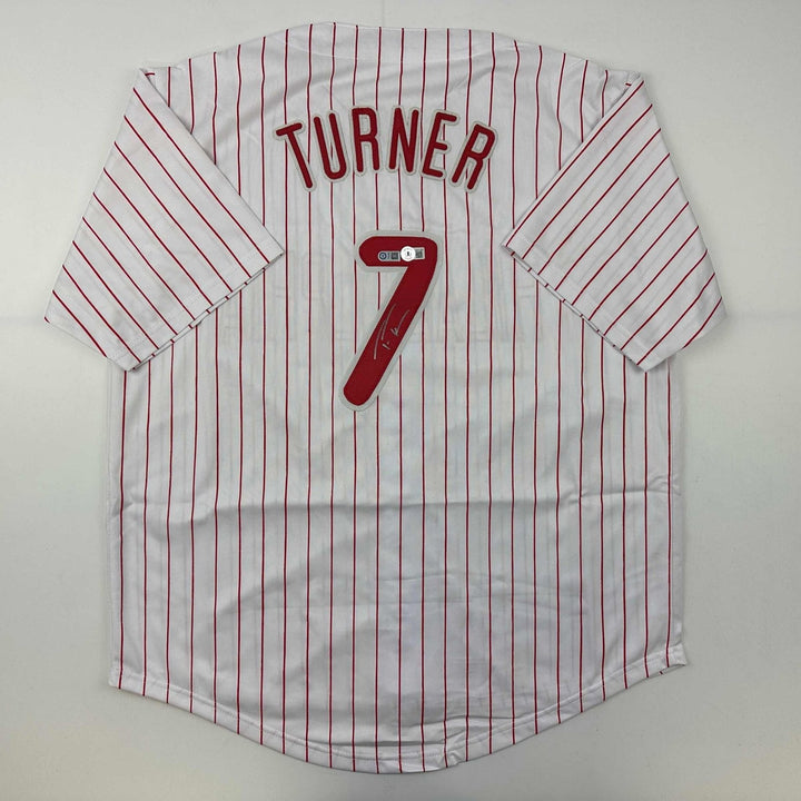 Autographed/Signed Trea Turner Philadelphia Pinstripe Jersey Beckett COA