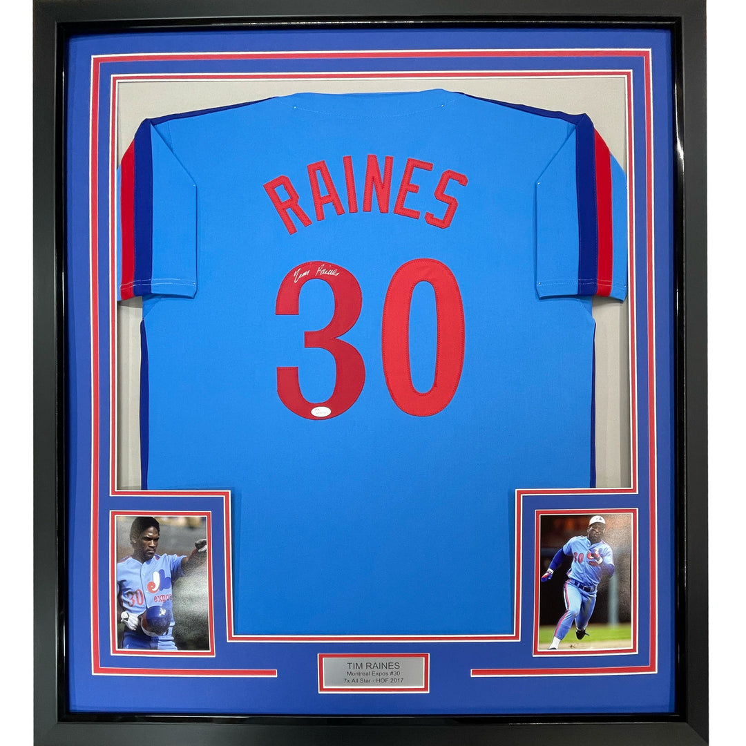 FRAMED Autographed/Signed TIM RAINES 33x42 Montreal Blue Baseball Jersey JSA COA
