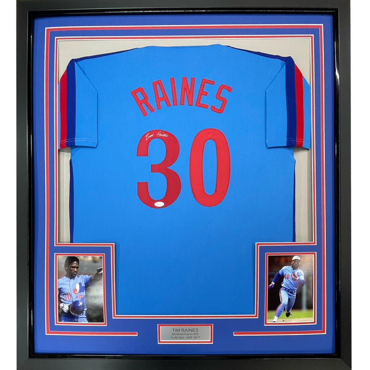 FRAMED Autographed/Signed TIM RAINES 33x42 Montreal Blue Baseball Jersey JSA COA