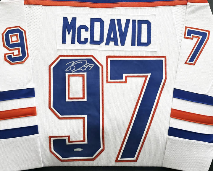Edmonton Oilers Connor McDavid Signed Framed White Auth Adidas Jersey UDA Holo