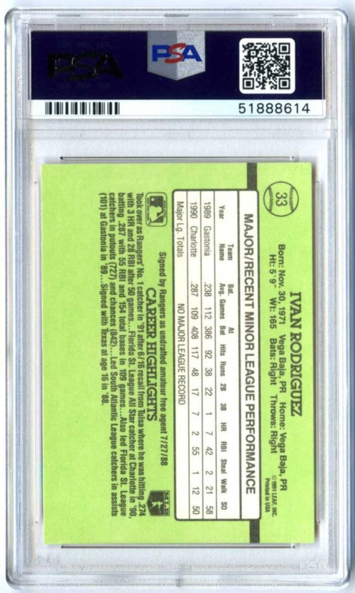 Graded 1991 Panini Donruss Rookies Ivan Rodriguez #33 RC Baseball Card PSA 10