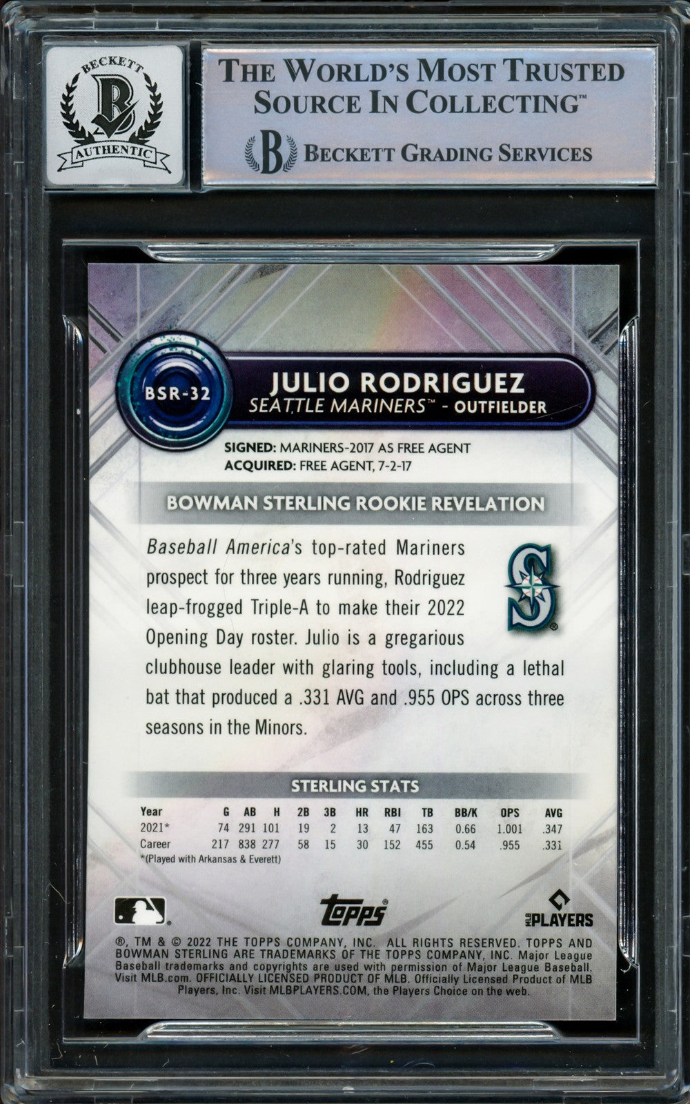 Julio Rodriguez Signed 2022 Bowman Sterling RC #BSR32 Mariners Auto 10 Beckett
