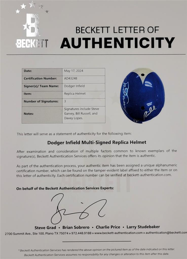 RARE 1980 Dodgers All-Star signed Helmet Garvey Russell Lopes autograph Beckett
