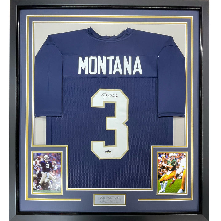 Framed Facsimile Autographed Joe Montana 33x42 Notre Dame Blue Reprint Jersey