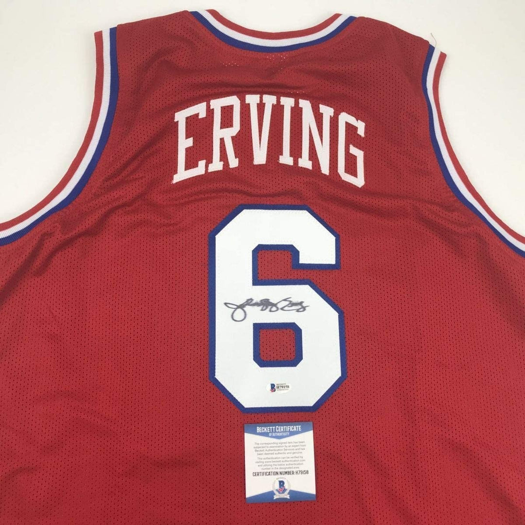 Autographed/Signed Julius Erving Dr. J Philadelphia Red Jersey Beckett COA
