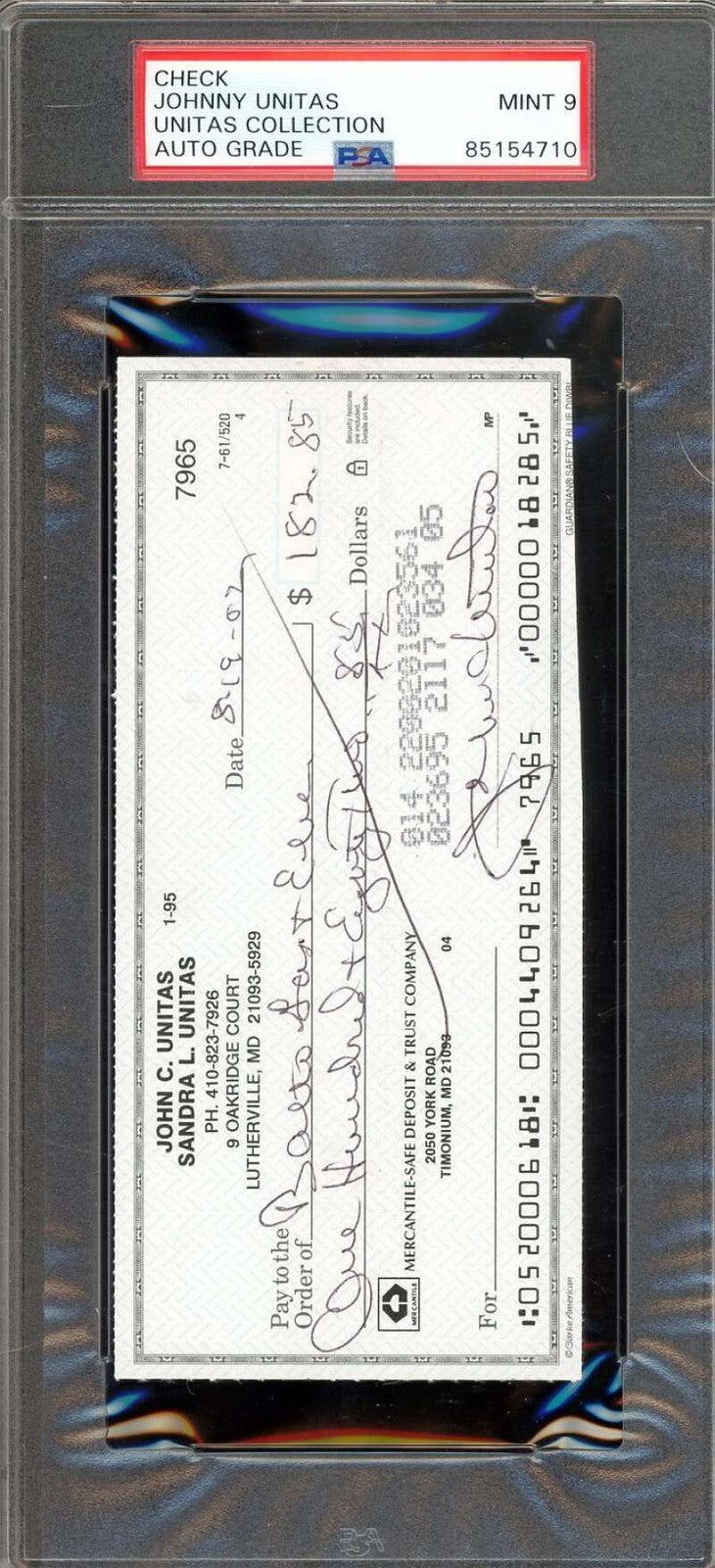 Johnny Unitas Mint 9 PSA DNA Coa Signed Vintage Personal Check Autograph