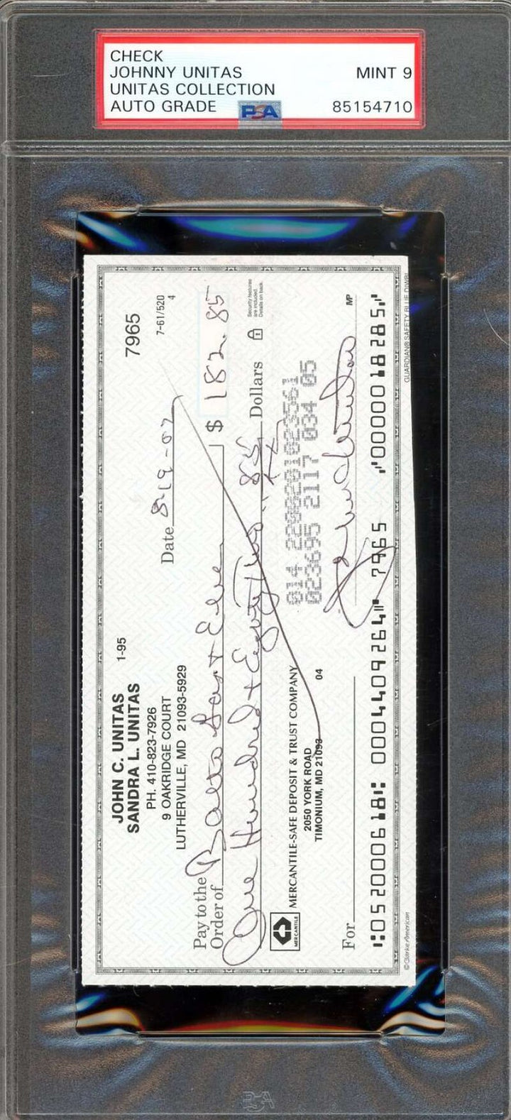 Johnny Unitas Mint 9 PSA DNA Coa Signed Vintage Personal Check Autograph