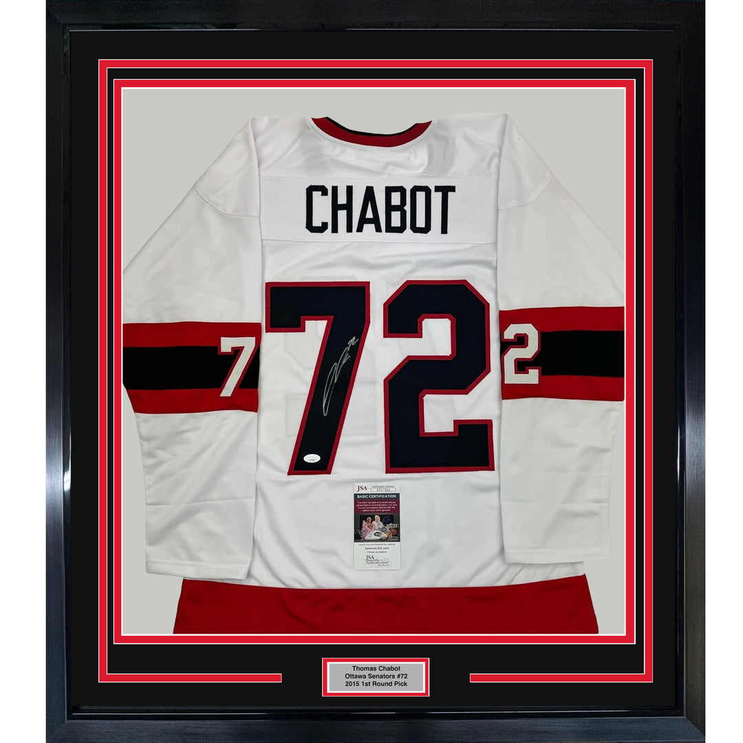 Framed Autographed/Signed Thomas Chabot 35x39 Ottawa White Hockey Jersey JSA COA