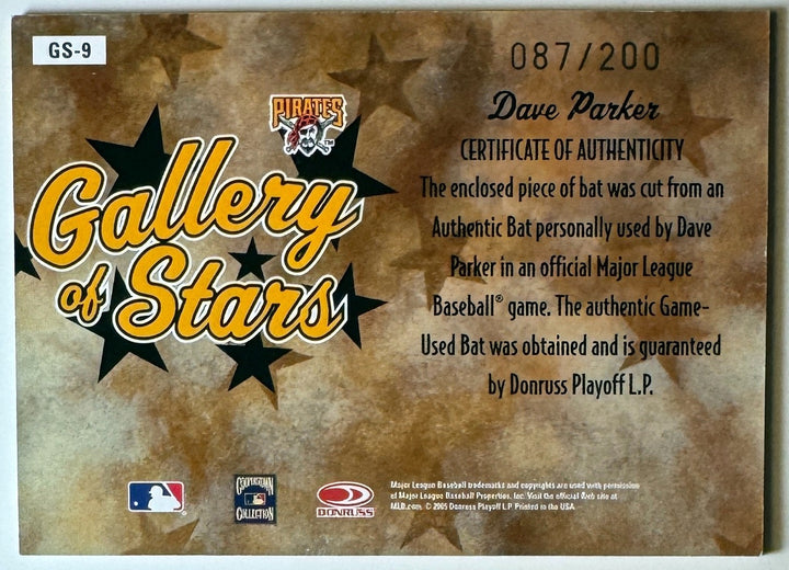 Dave Parker signed 2005 Donruss Diamond Kings Bat/Auto Card #GS-9- /200(Pirates)