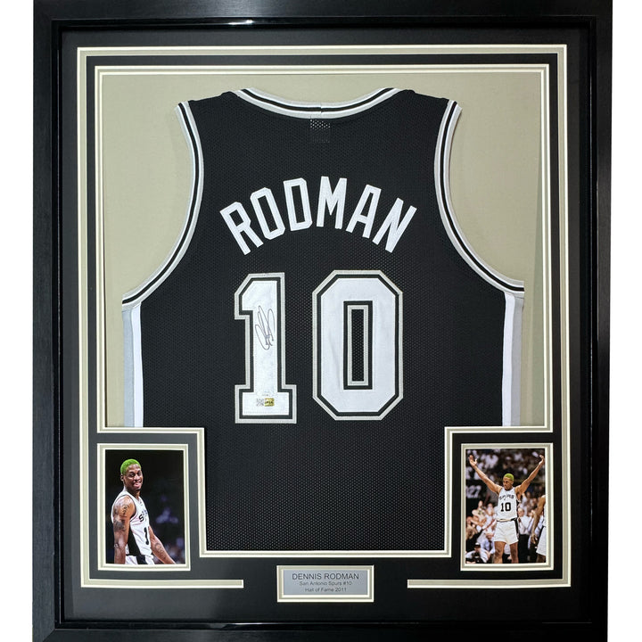 FRAMED Autographed/Signed DENNIS RODMAN 33x42 San Antonio Black Jersey PSA COA