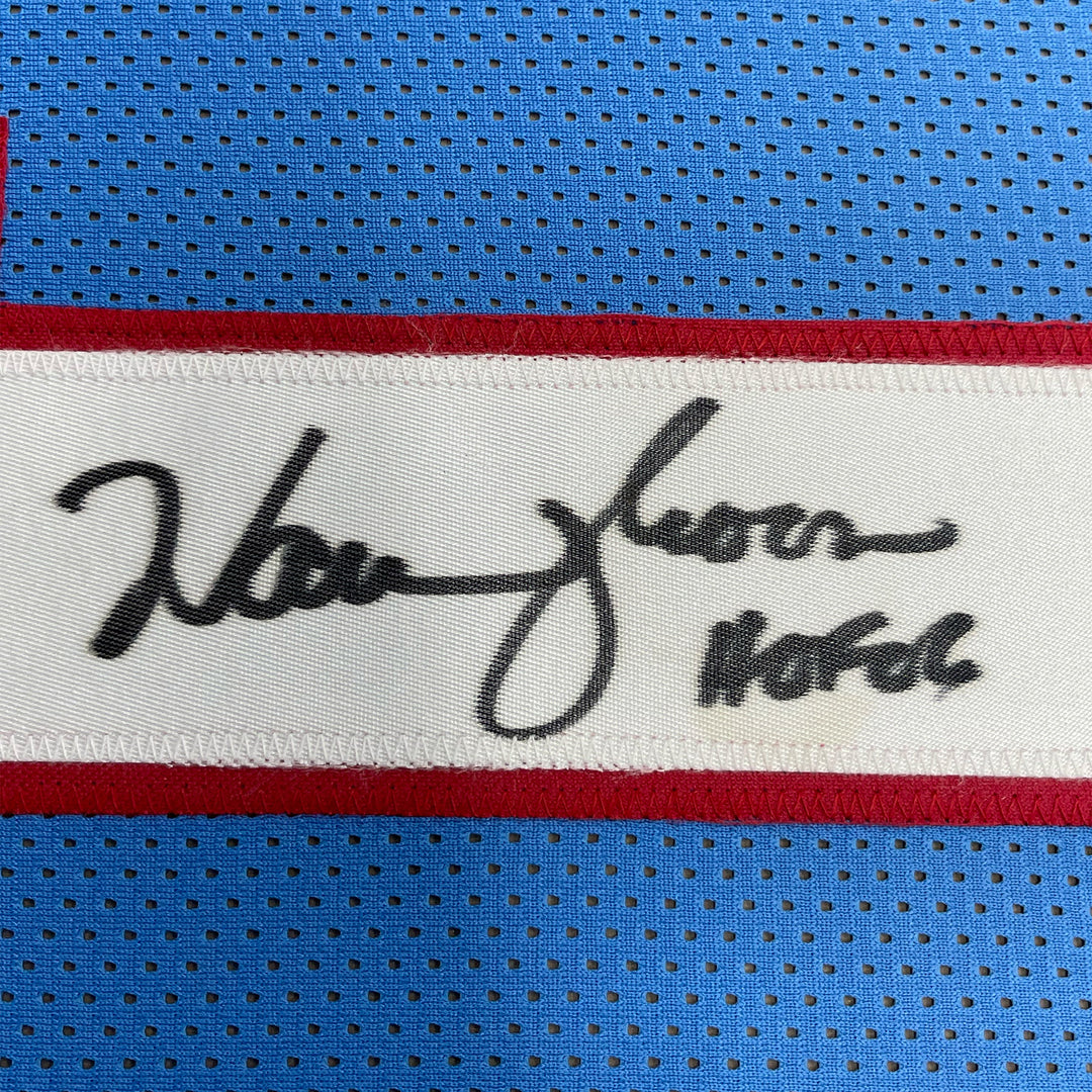 FRAMED Autographed/Signed WARREN MOON HOF 06 33x42 Houston Blue Jersey JSA COA