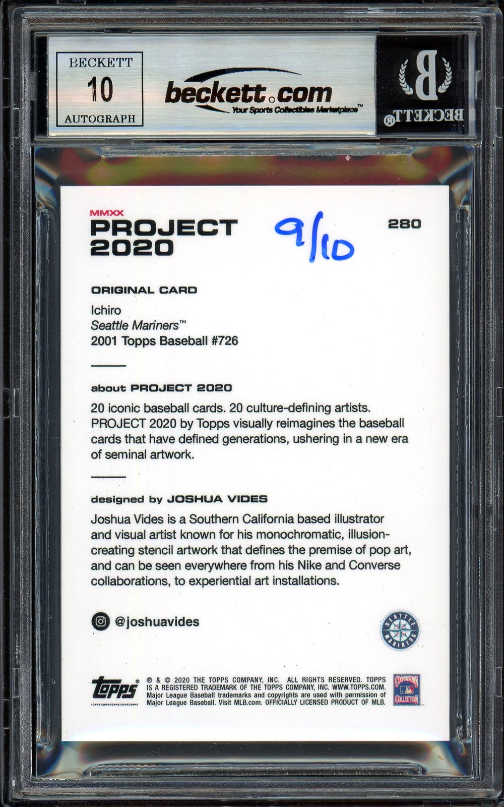 Ichiro Suzuki Auto Topps Project 2020 Joshua Vides Card 280 Sig 10 /10 Beckett