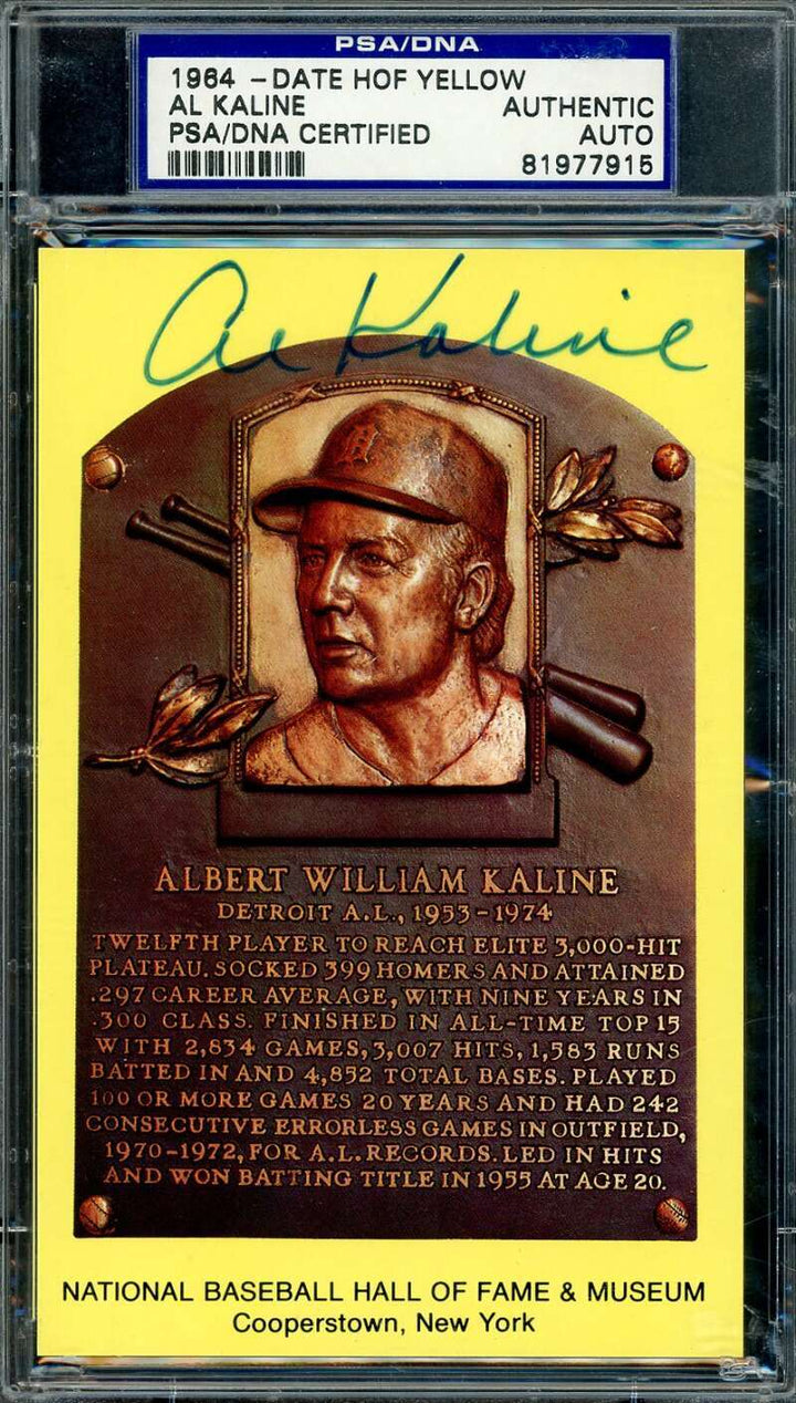 Al Kaline PSA DNA Coa Signed Gold Hall of Fame Plaque Postcard Autograph