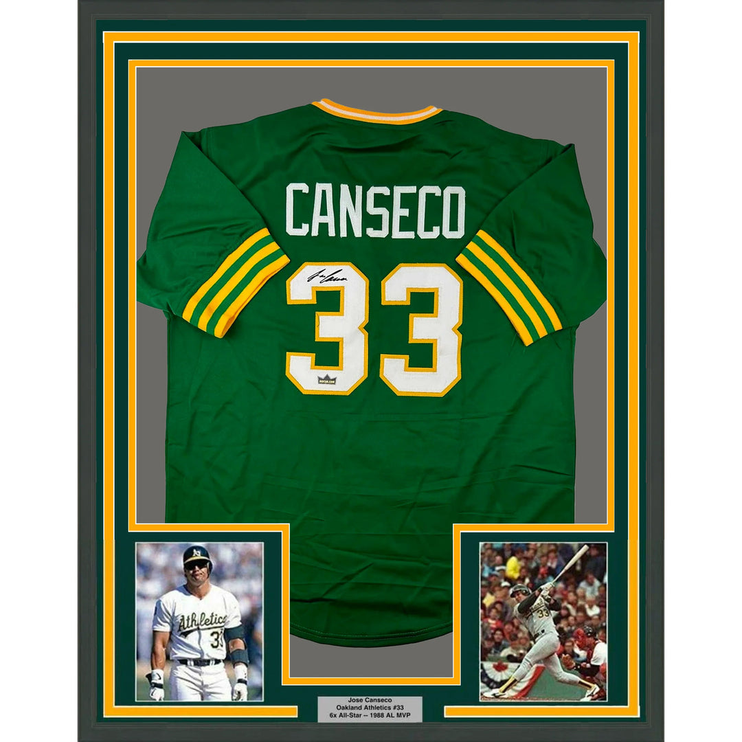 Framed Facsimile Autographed Jose Canseco 33x42 Green Reprint Laser Auto Jersey