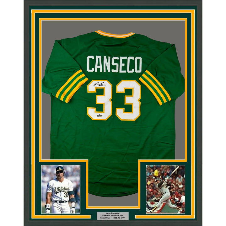 Framed Facsimile Autographed Jose Canseco 33x42 Green Reprint Laser Auto Jersey