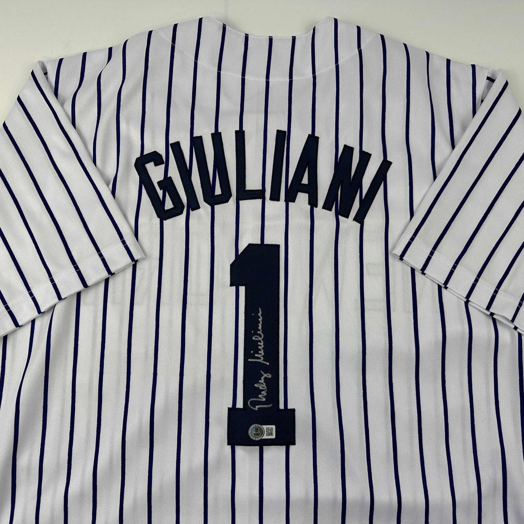 Autographed/Signed Rudy Giuliani New York Pinstripe Jersey Beckett BAS COA