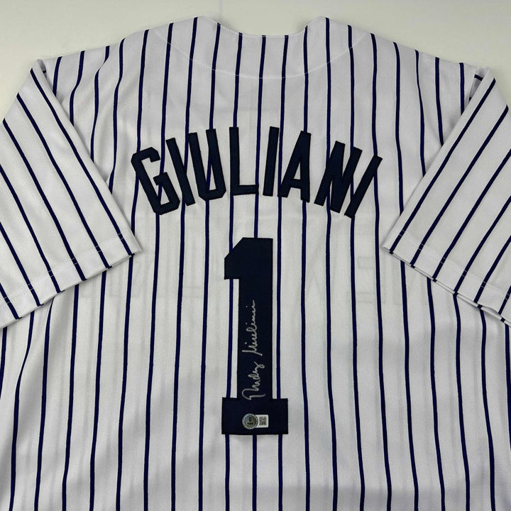 Autographed/Signed Rudy Giuliani New York Pinstripe Jersey Beckett BAS COA