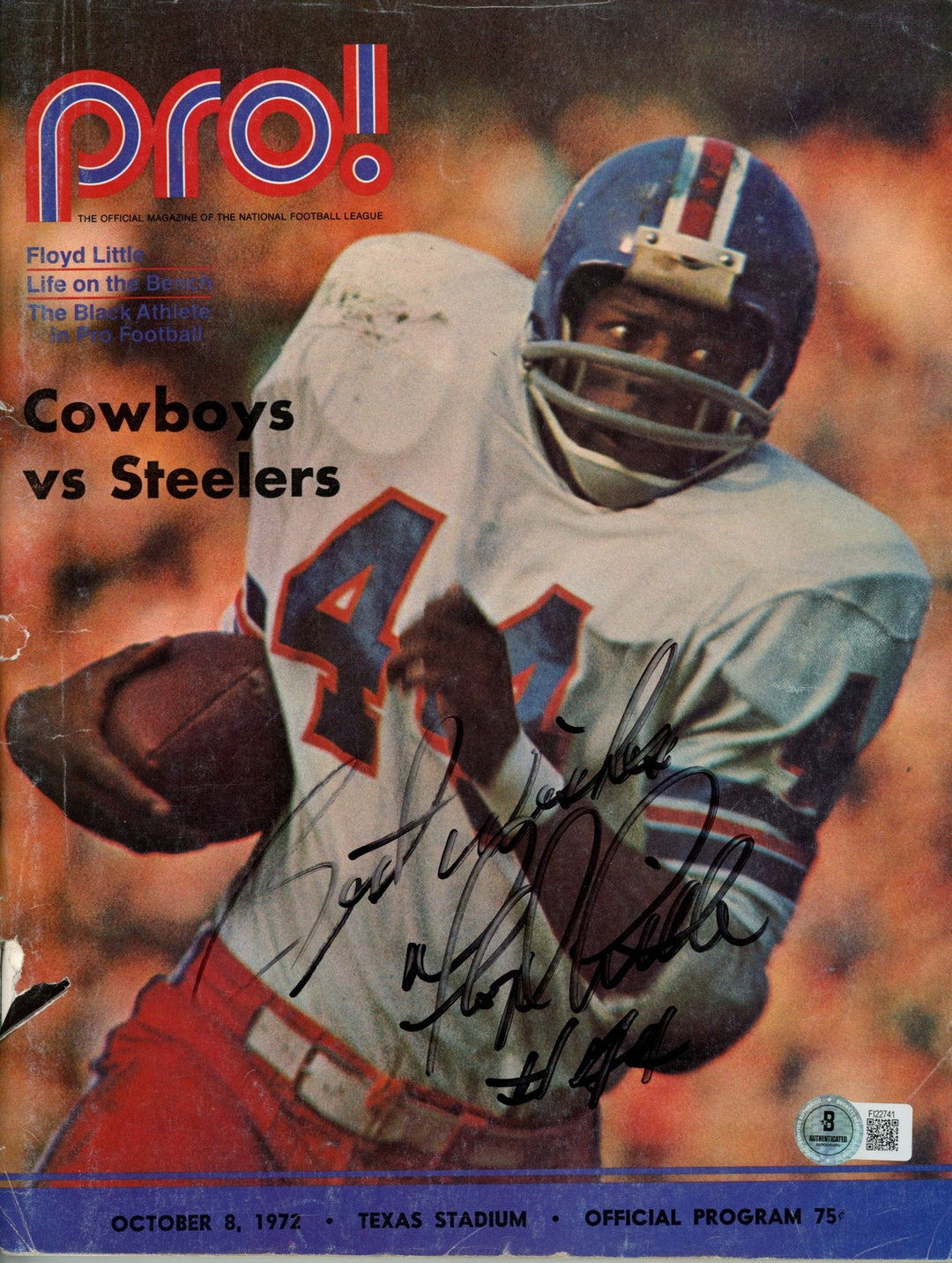 Floyd Little Autographed Denver Broncos 10/8/1972 Pro! Magazine Beckett 55748