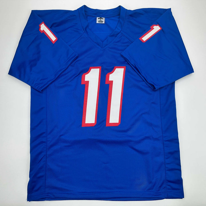 Facsimile Autographed Drew Bledsoe New England Blue Reprint Jersey Size Men's XL