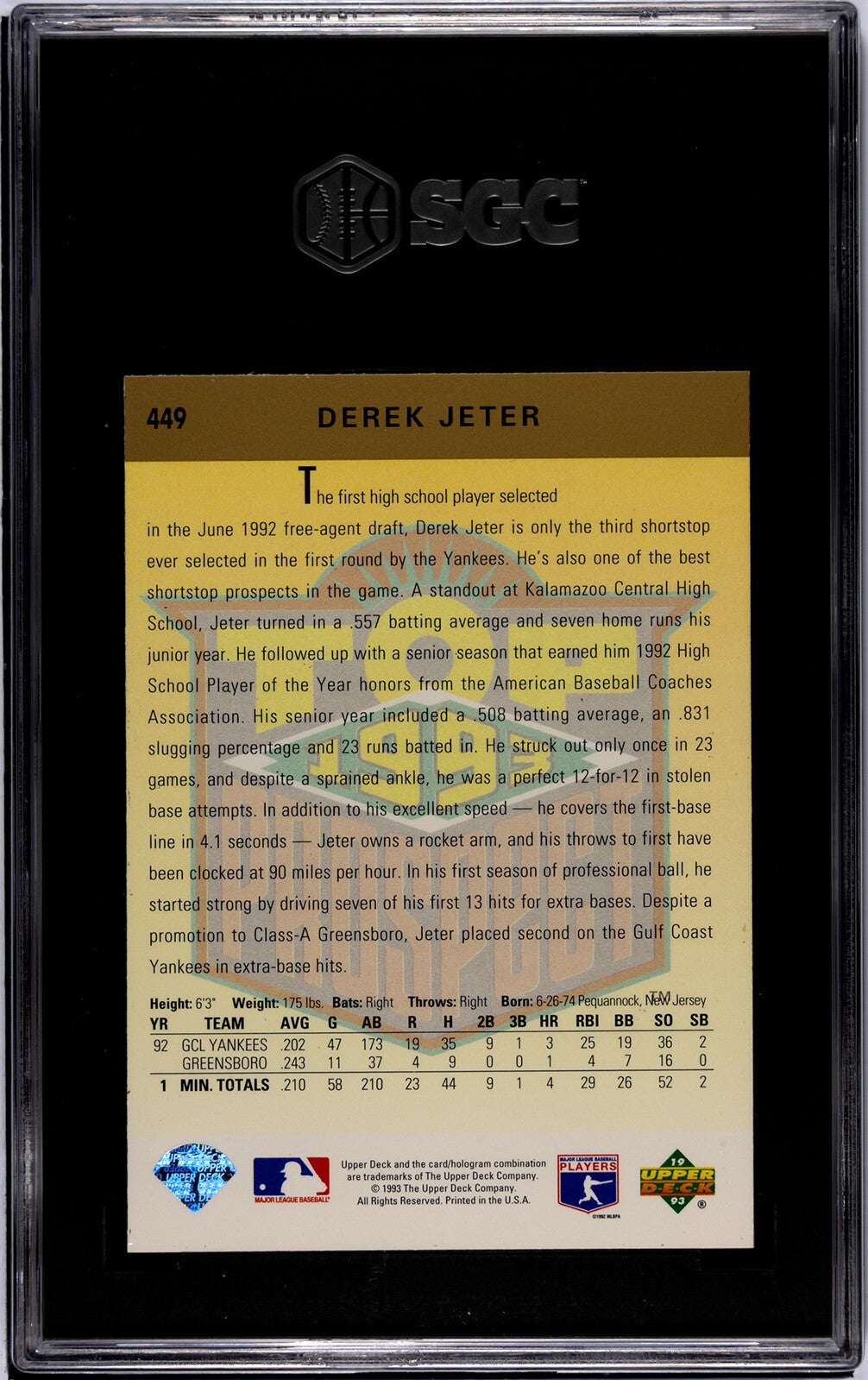 Derek Jeter 1993 Upper Deck Rookie Card (RC) #449 Yankees- SGC Graded 8.5 NM-MT+