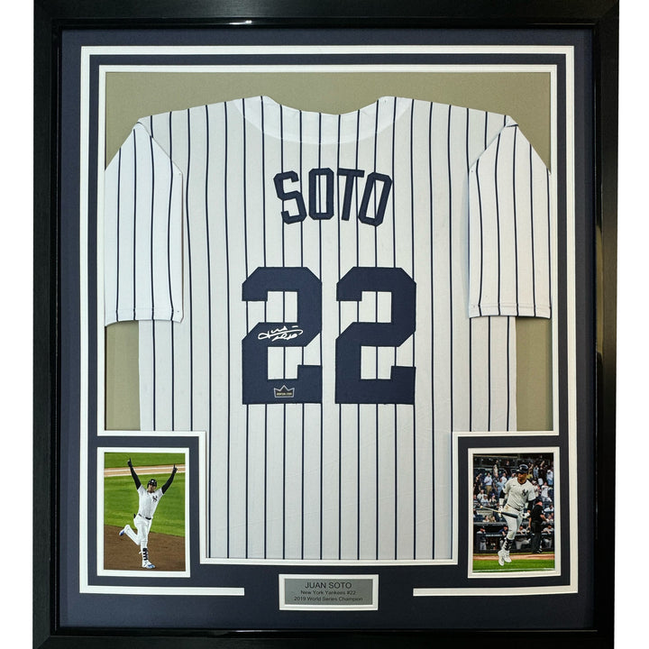 Framed Facsimile Autographed Juan Soto 35x39 New York Pinstripe Reprint Jersey