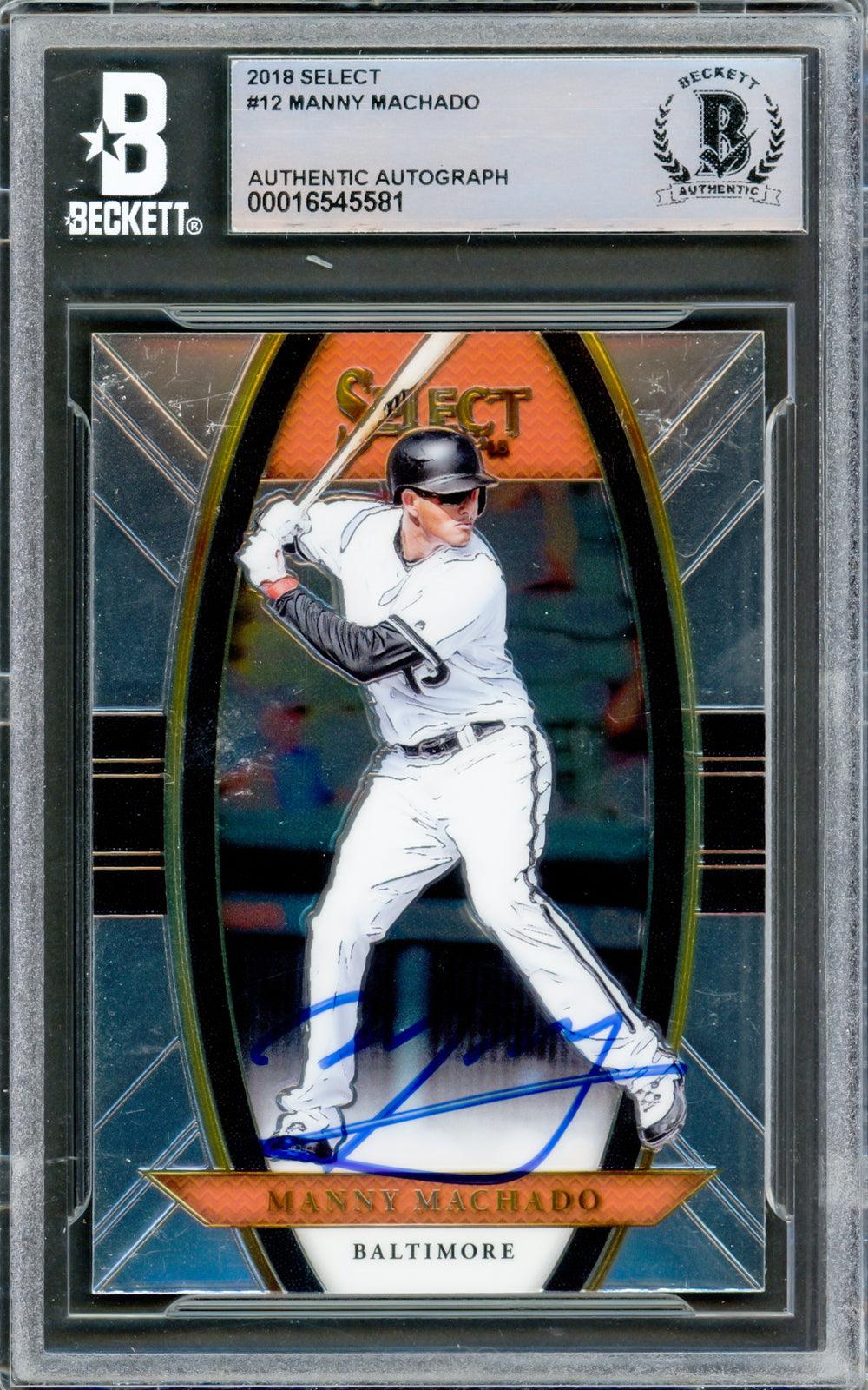Manny Machado Autographed 2016 Panini Select Card #12 Orioles Beckett #16545581