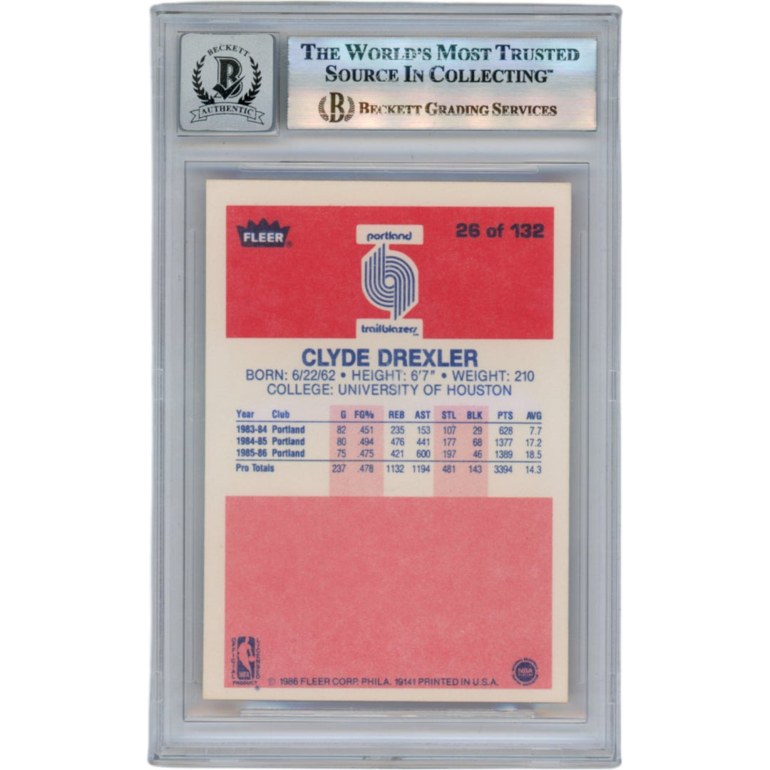 Clyde Drexler Autographed 1986 Fleer #26 Slabbed Trading Card Beckett 50621