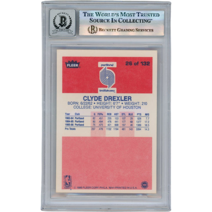 Clyde Drexler Autographed 1986 Fleer #26 Slabbed Trading Card Beckett 50621