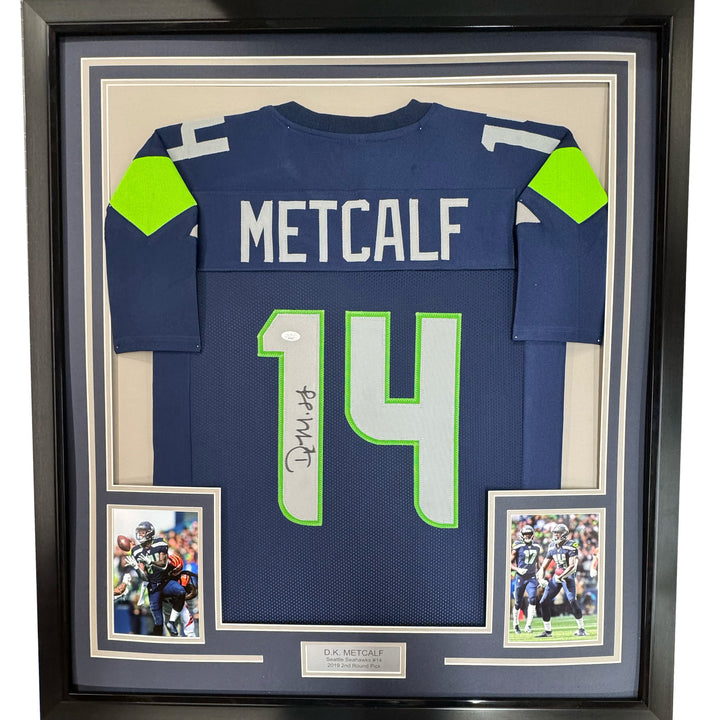 FRAMED Autographed/Signed DK D.K. METCALF 33x42 Seattle Blue Jersey JSA COA Auto