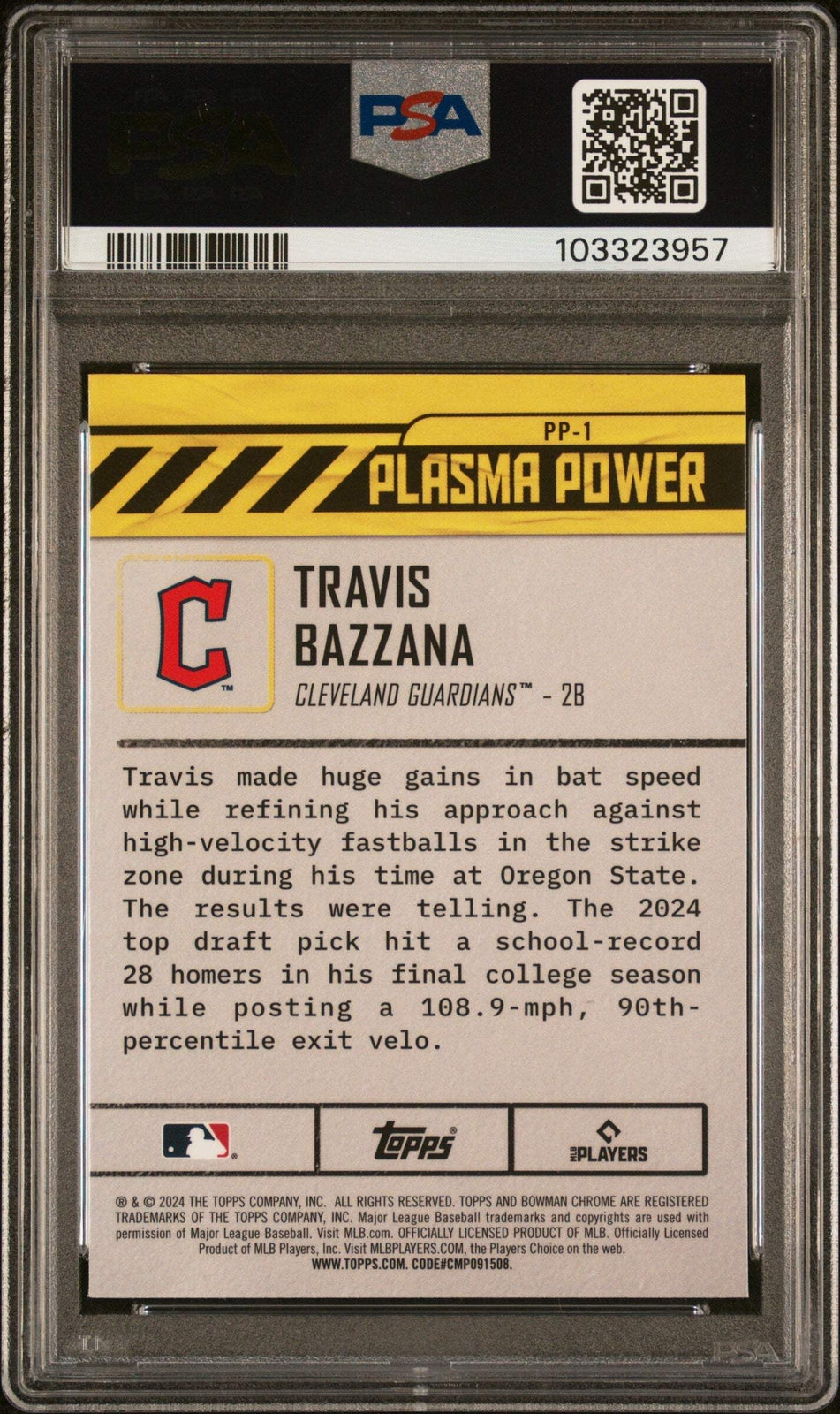 Graded 2024 Bowman Draft Travis Bazzana #PP1 Plasma Power Baseball Card PSA 10