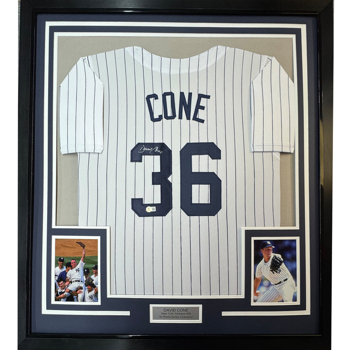 Framed Autographed/Signed David Cone 35x39 New York Pinstripe Jersey Beckett COA