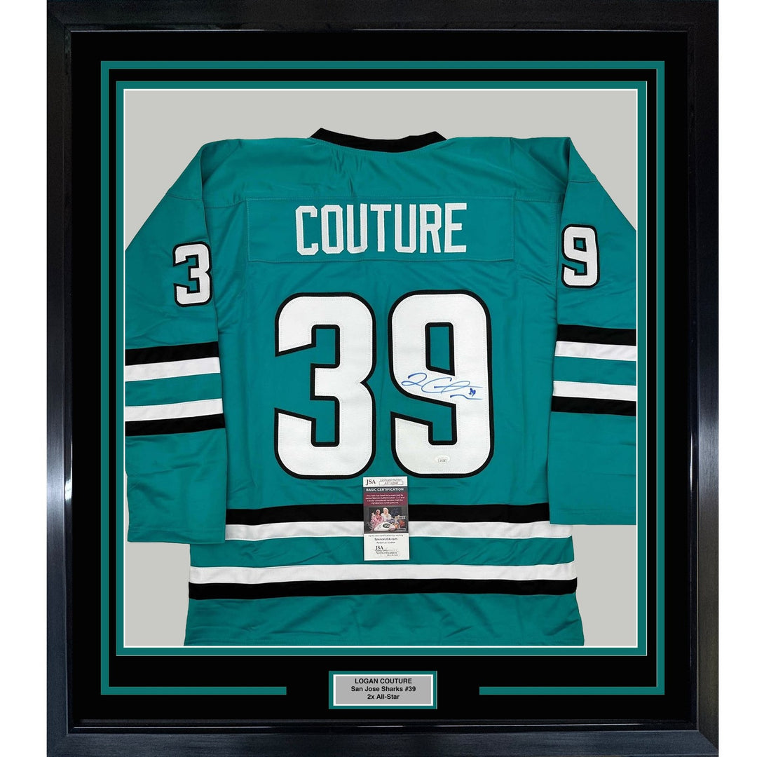 Framed Autographed/Signed Logan Couture 35x39 San Jose Teal Jersey JSA COA