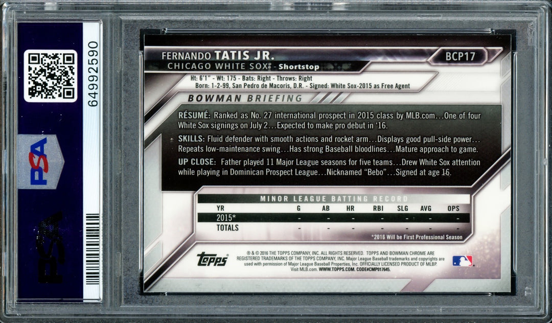 Fernando Tatis Jr. Auto 2016 Bowman Chrome RC BCP17 Padres PSA 8 Sig 10 PSA/DNA