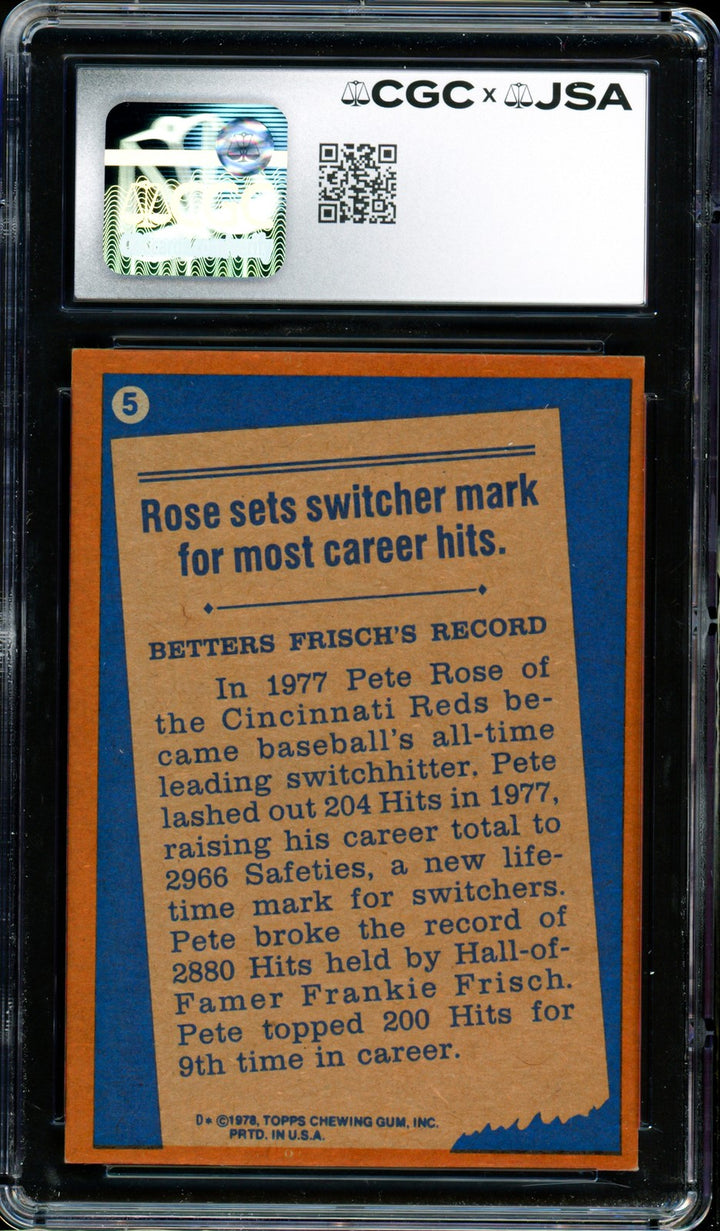 Pete Rose Signed 1978 Topps Card 5 Reds Card 7.5 CGC x JSA