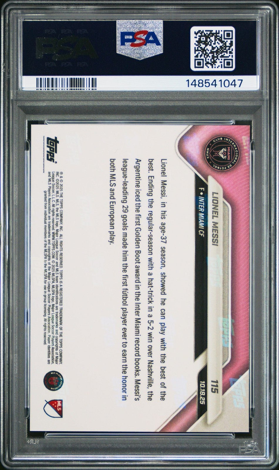 Graded 2025 Topps Now MLS Lionel Messi #115 1st Golden Boot Card PSA 10