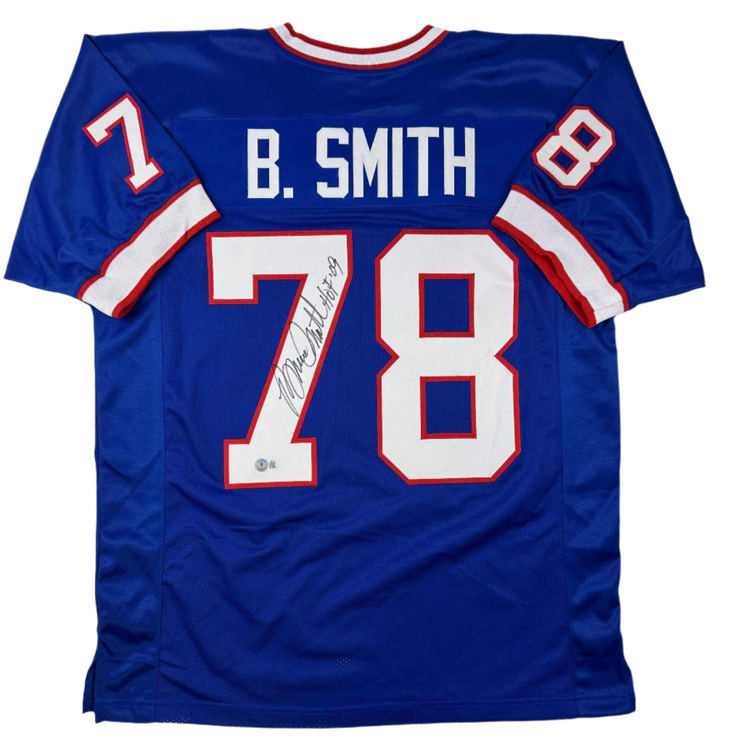 Autographed/Signed Bruce Smith HOF 09 Buffalo Blue Football Jersey Beckett COA