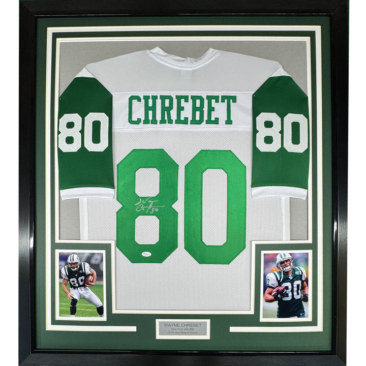 Framed Autographed/Signed Wayne Chrebet 35x39 New York White Jersey JSA COA